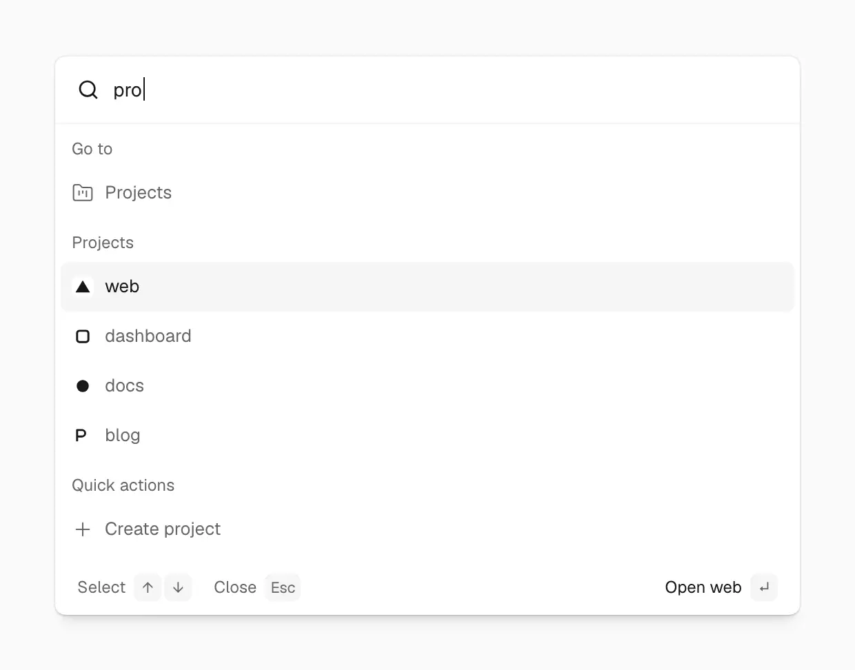Command menu with the query pro, showing Projects under Go to, the projects web, dashboard, docs and blog under Projects with web highlighted, and Create project under Quick actions, above a footer with Select, Close and Open web key hints