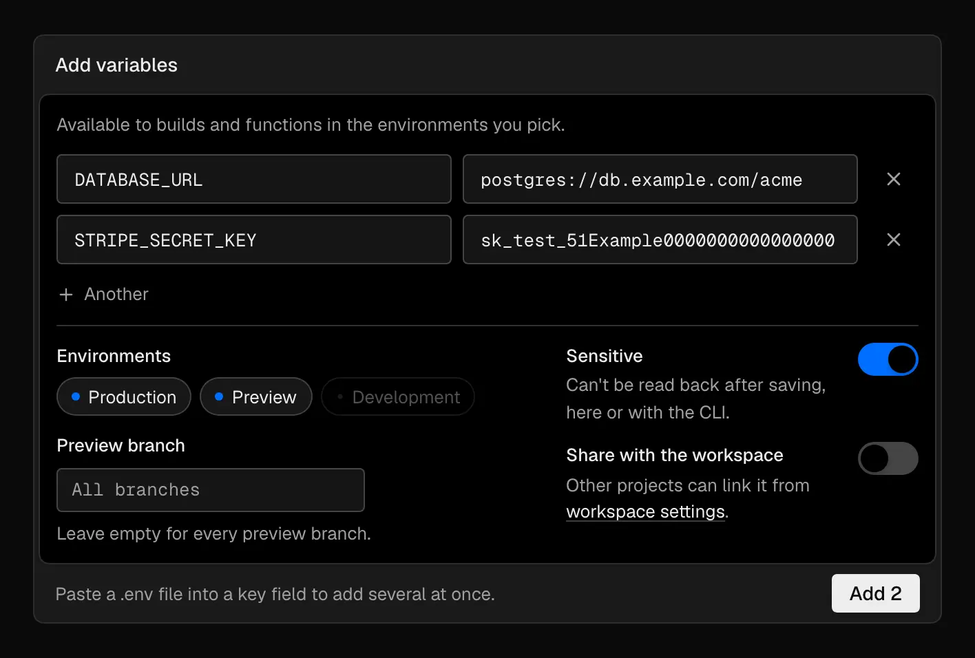 The Add variables card with DATABASE_URL and STRIPE_SECRET_KEY entered, Production and Preview selected, Development unavailable, an empty Preview branch field, and Sensitive turned on