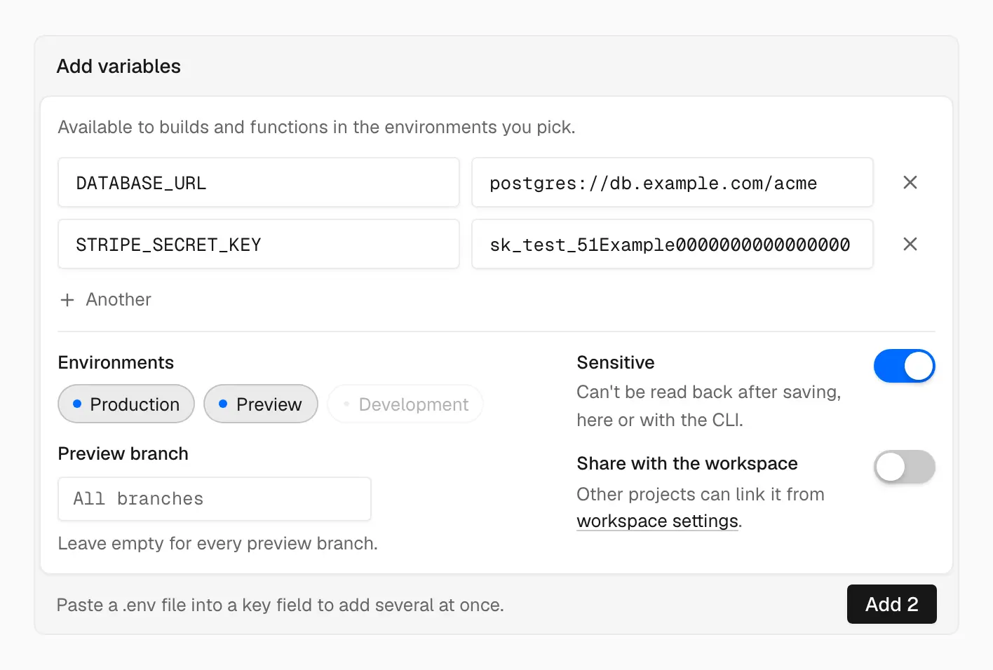 The Add variables card with DATABASE_URL and STRIPE_SECRET_KEY entered, Production and Preview selected, Development unavailable, an empty Preview branch field, and Sensitive turned on
