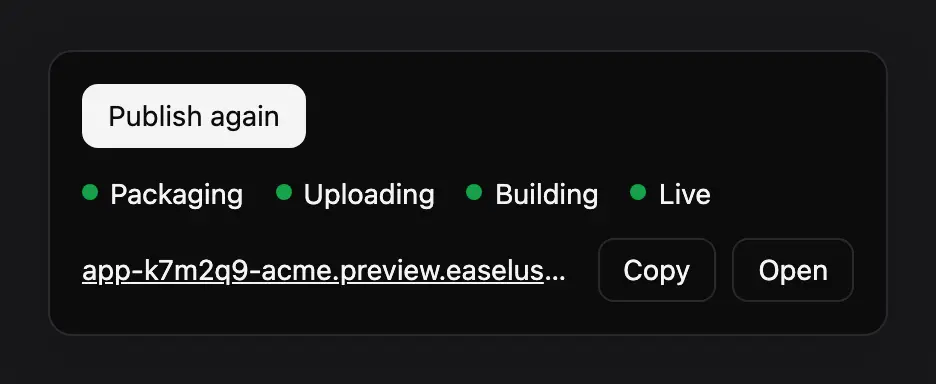 The publish panel with a Publish again button, the steps Packaging, Uploading, Building, and Live all complete, and the app's URL with Copy and Open buttons