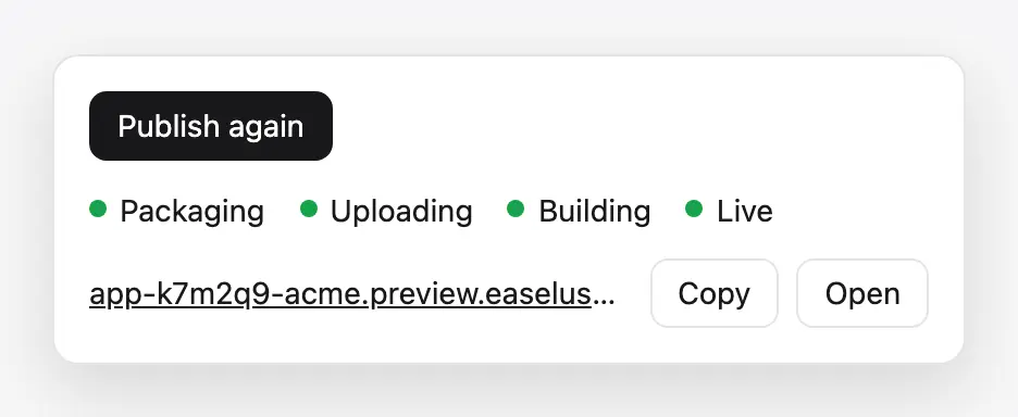The publish panel with a Publish again button, the steps Packaging, Uploading, Building, and Live all complete, and the app's URL with Copy and Open buttons