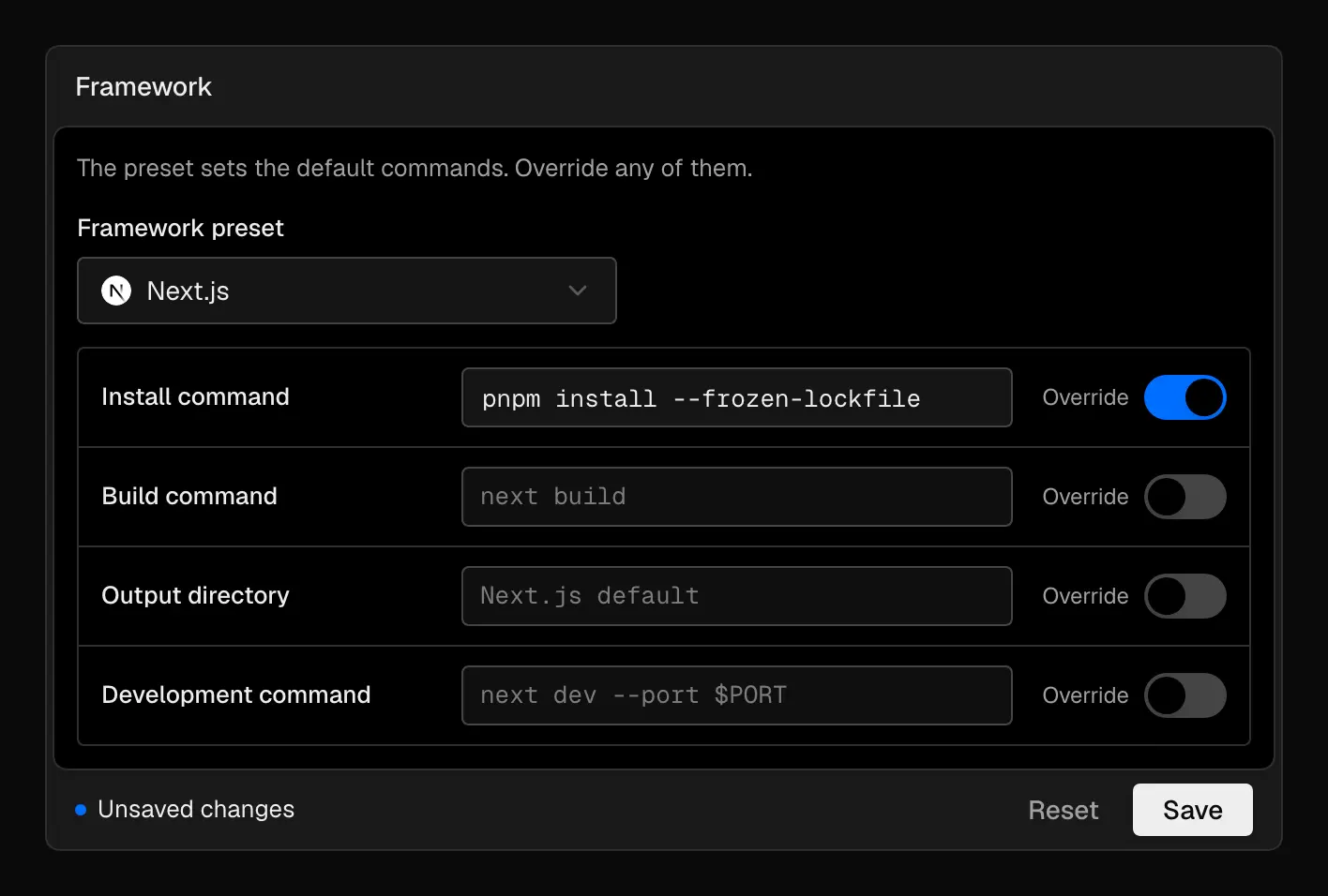 Framework settings card with the Next.js preset selected, the install command overridden to pnpm install --frozen-lockfile, the build, output and development defaults shown in grey in their empty fields, and an Unsaved changes footer with Reset and Save buttons