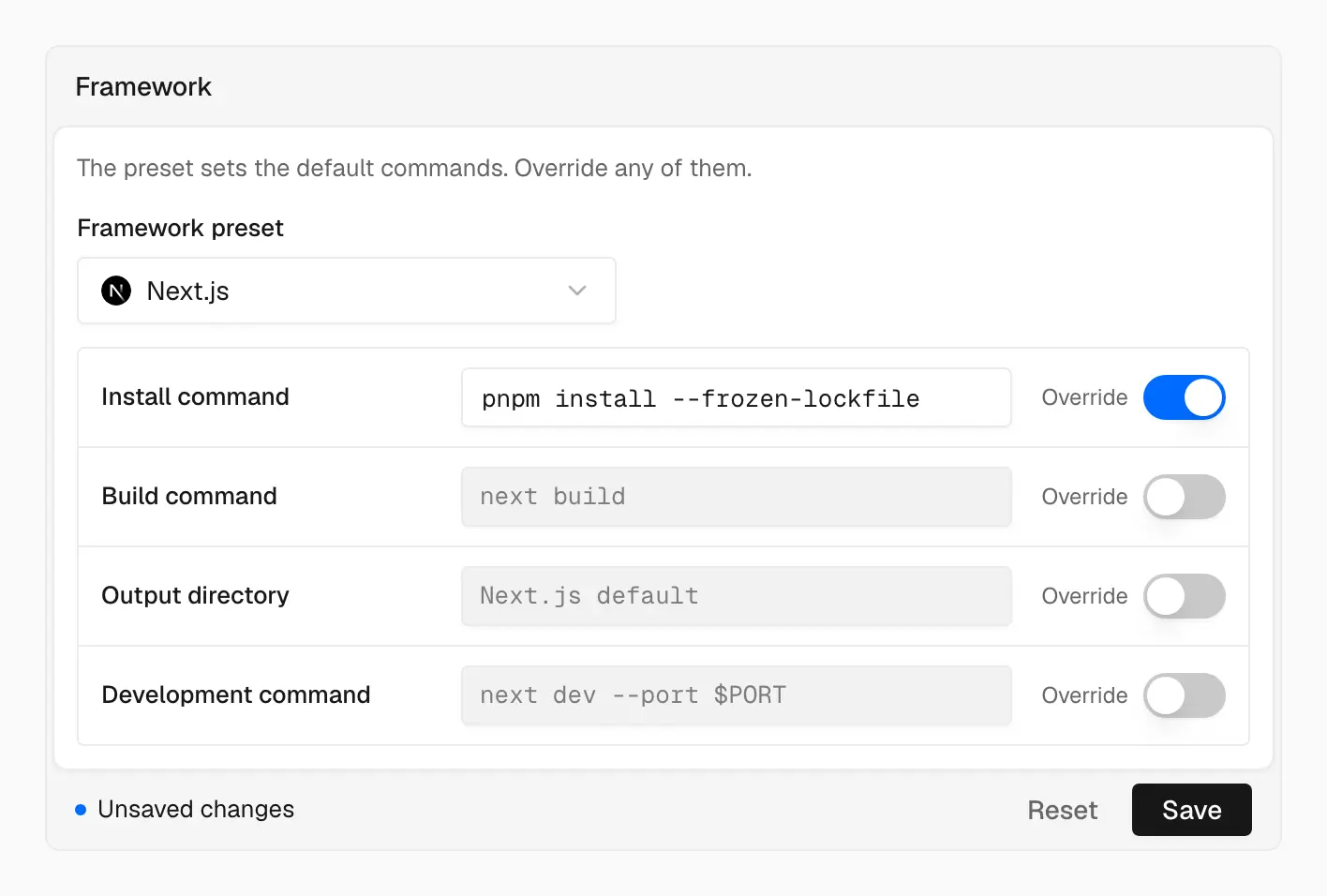Framework settings card with the Next.js preset selected, the install command overridden to pnpm install --frozen-lockfile, the build, output and development defaults shown in grey in their empty fields, and an Unsaved changes footer with Reset and Save buttons