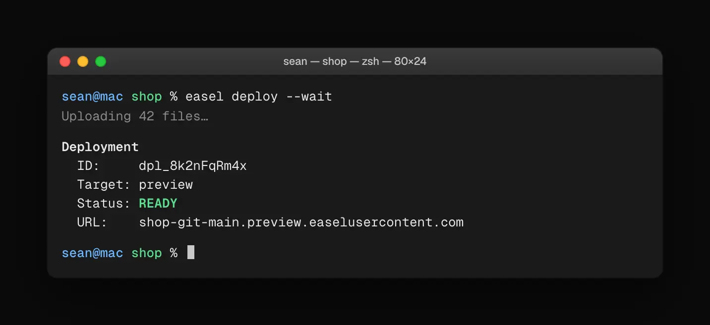 macOS-style terminal running easel deploy --wait, showing uploaded files and a READY preview deployment with URL