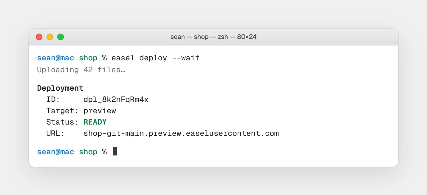 macOS-style terminal running easel deploy --wait, showing uploaded files and a READY preview deployment with URL