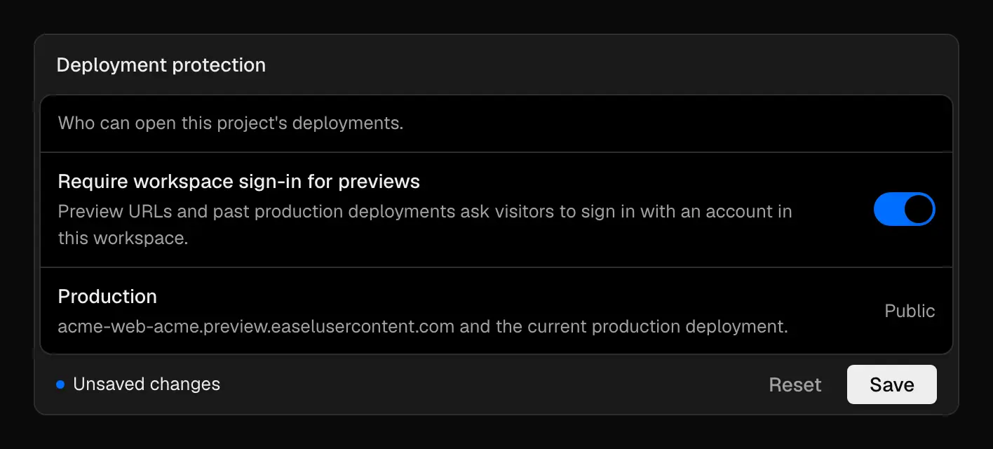The Deployment protection card in Project settings, Security, with Require workspace sign-in for previews switched on, the production row marked Public, and Reset and Save buttons for the unsaved change