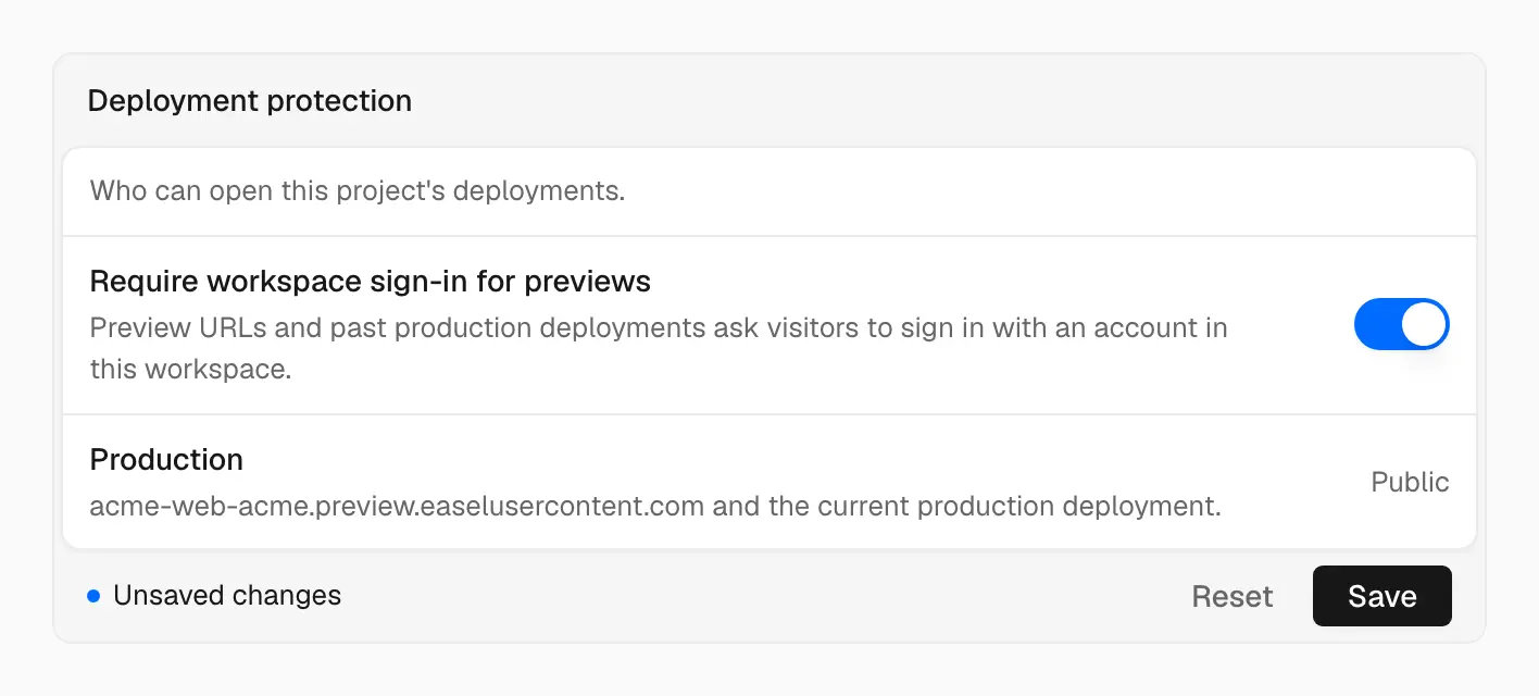 The Deployment protection card in Project settings, Security, with Require workspace sign-in for previews switched on, the production row marked Public, and Reset and Save buttons for the unsaved change