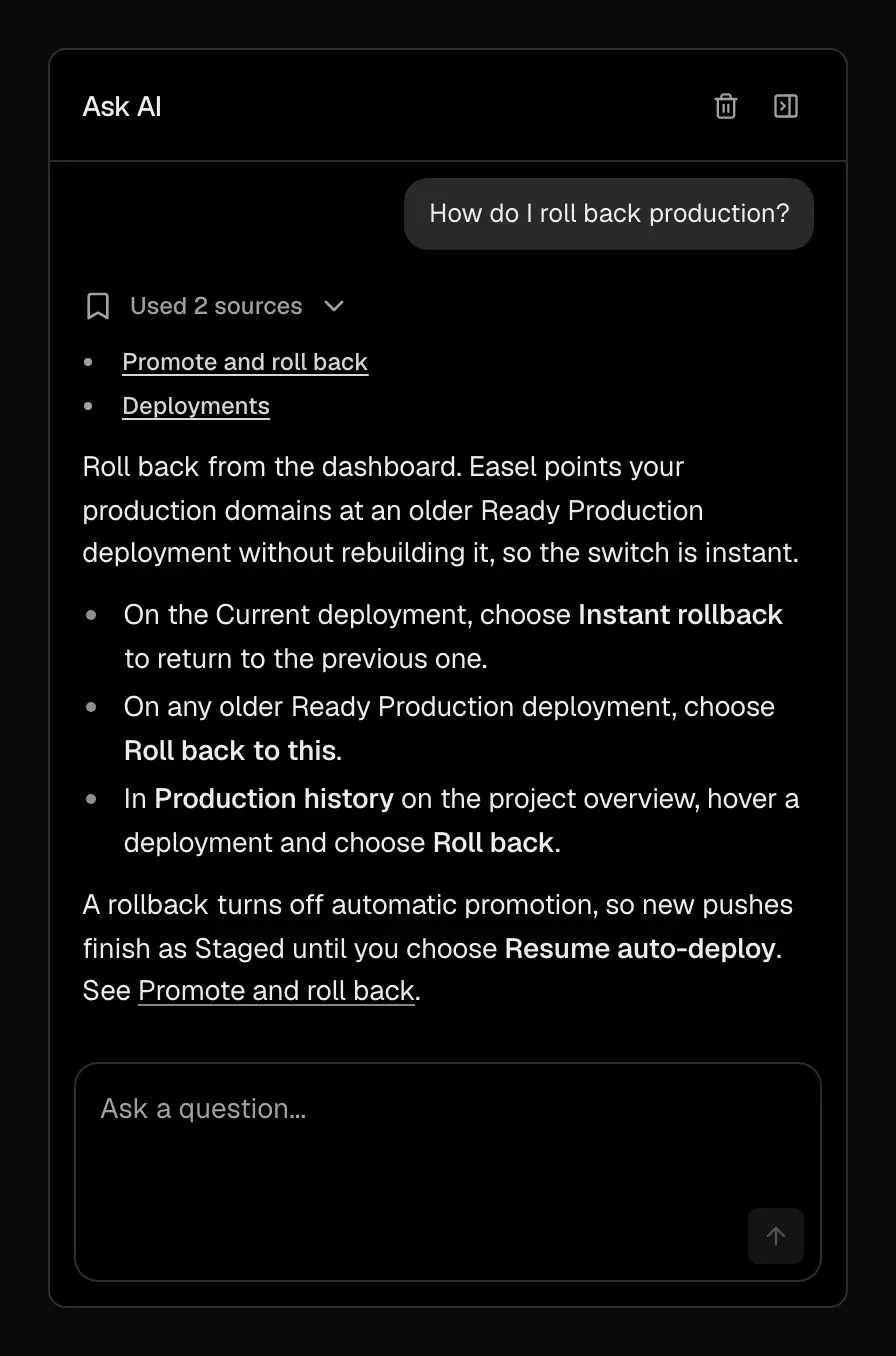 The docs Ask AI sidebar with the question How do I roll back production?, a Used 2 sources list linking Promote and roll back and Deployments, and an answer listing Instant rollback, Roll back to this, and Roll back in Production history, noting that a rollback turns off automatic promotion until Resume auto-deploy