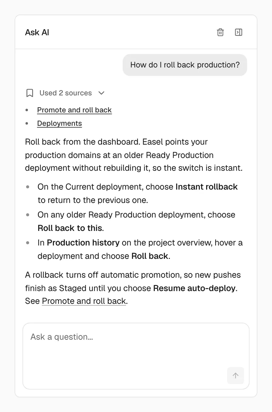The docs Ask AI sidebar with the question How do I roll back production?, a Used 2 sources list linking Promote and roll back and Deployments, and an answer listing Instant rollback, Roll back to this, and Roll back in Production history, noting that a rollback turns off automatic promotion until Resume auto-deploy