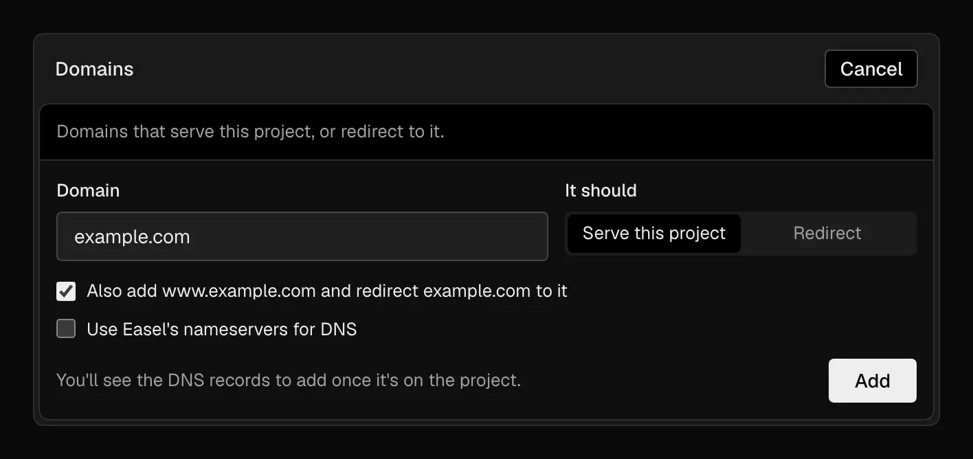 The Domains card with example.com typed in the Domain field, Serve this project selected, and the option to also add www.example.com checked