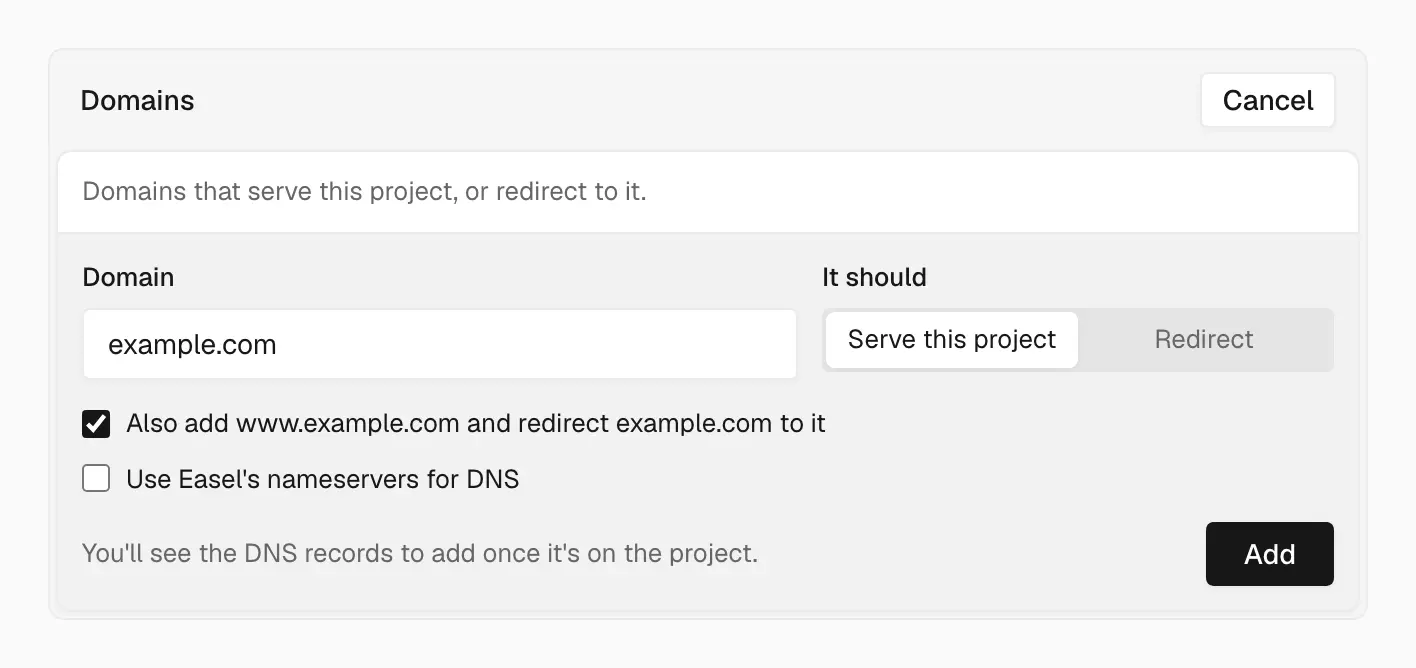 The Domains card with example.com typed in the Domain field, Serve this project selected, and the option to also add www.example.com checked