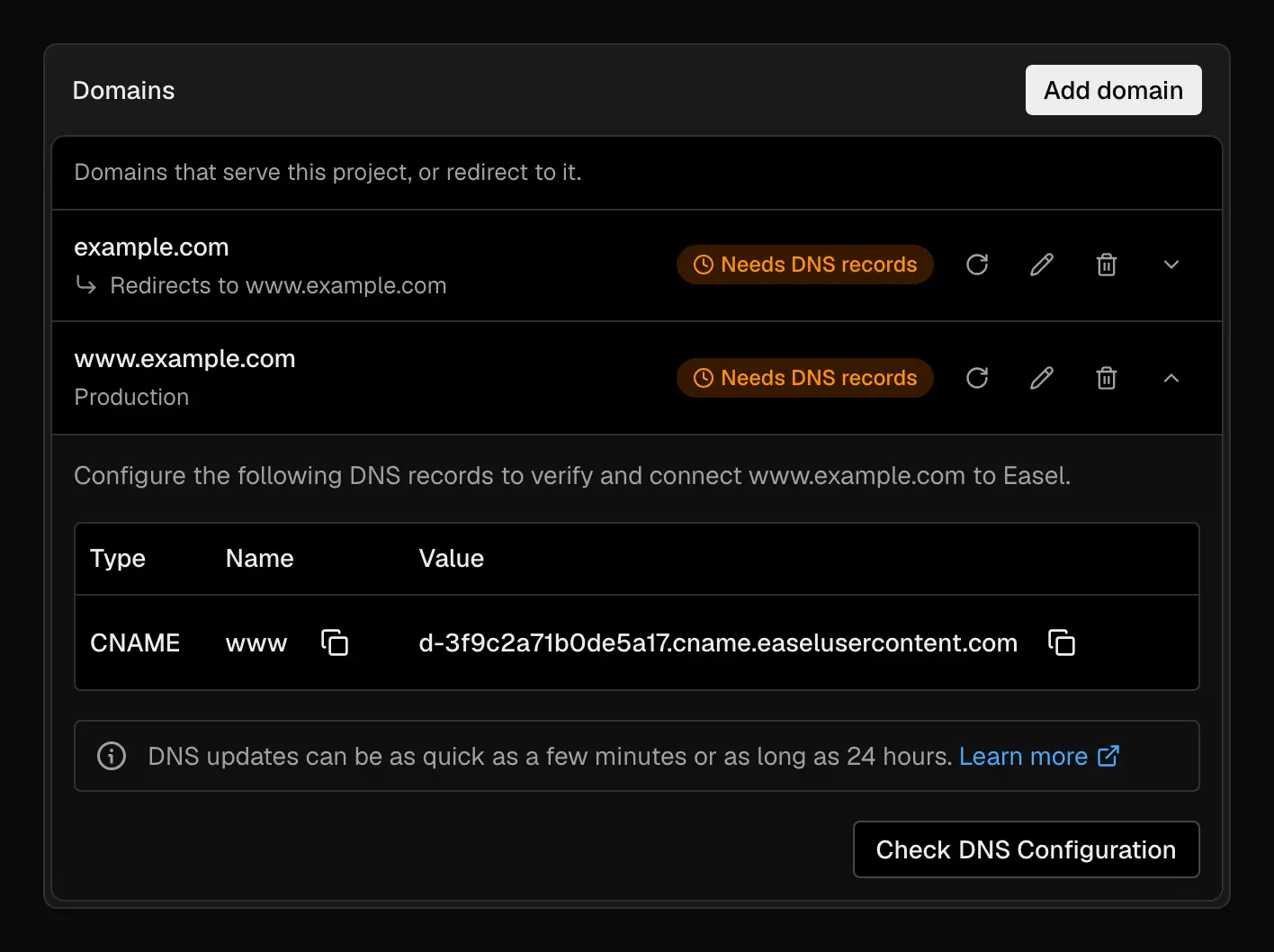 The Domains list with example.com redirecting to www.example.com, both needing DNS records, and the CNAME record for www pointing to the domain's own CNAME target