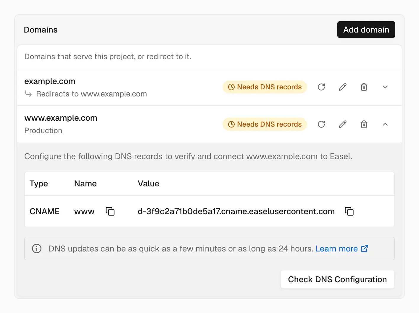 The Domains list with example.com redirecting to www.example.com, both needing DNS records, and the CNAME record for www pointing to the domain's own CNAME target