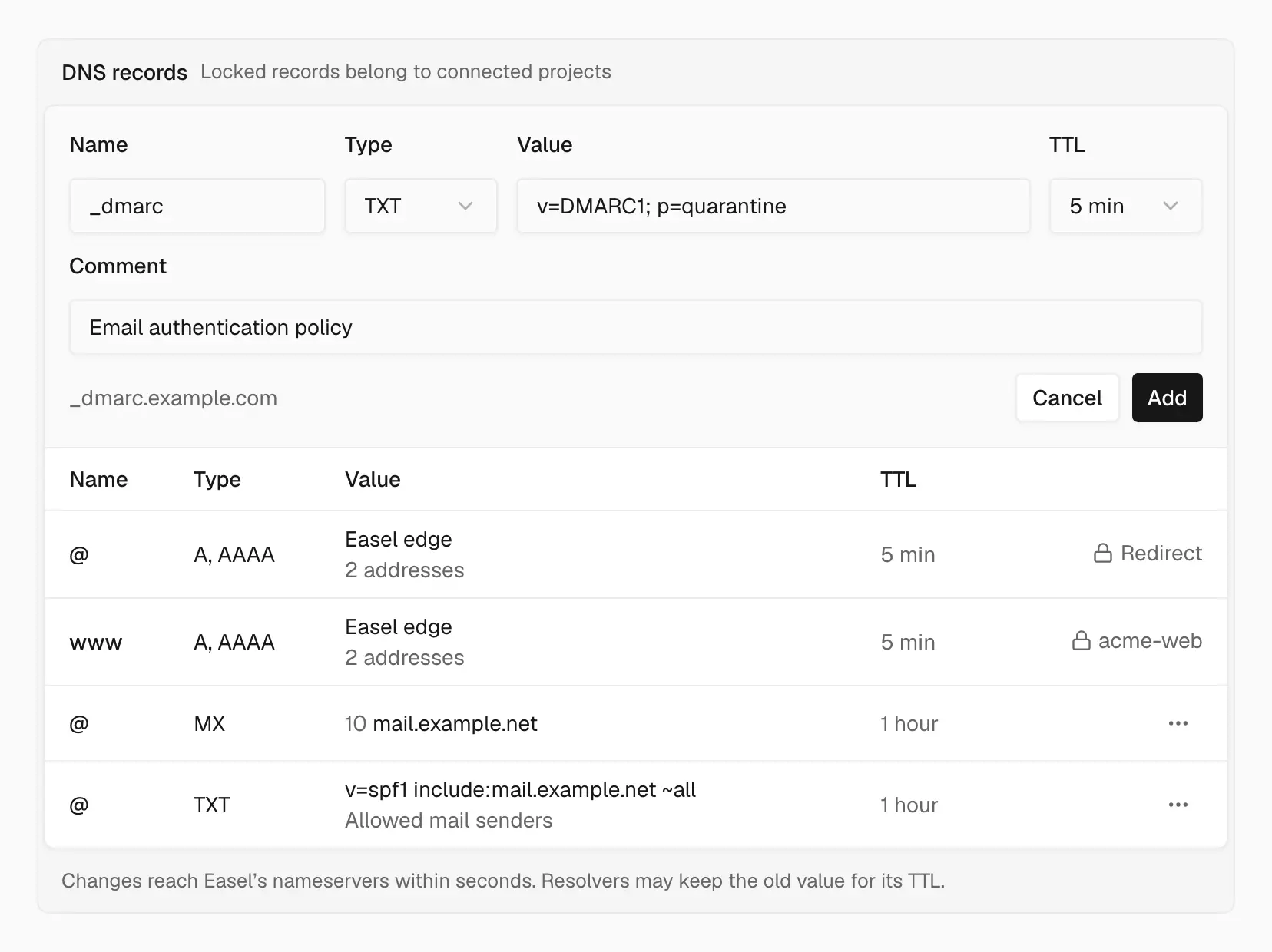 DNS records card for example.com with an inline form adding a TXT record named _dmarc, above a table where the @ and www A and AAAA records are locked to Easel edge for a redirect and the acme-web project, followed by MX and TXT records with action menus