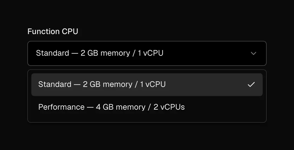 Function CPU selector open, showing Standard and Performance tiers