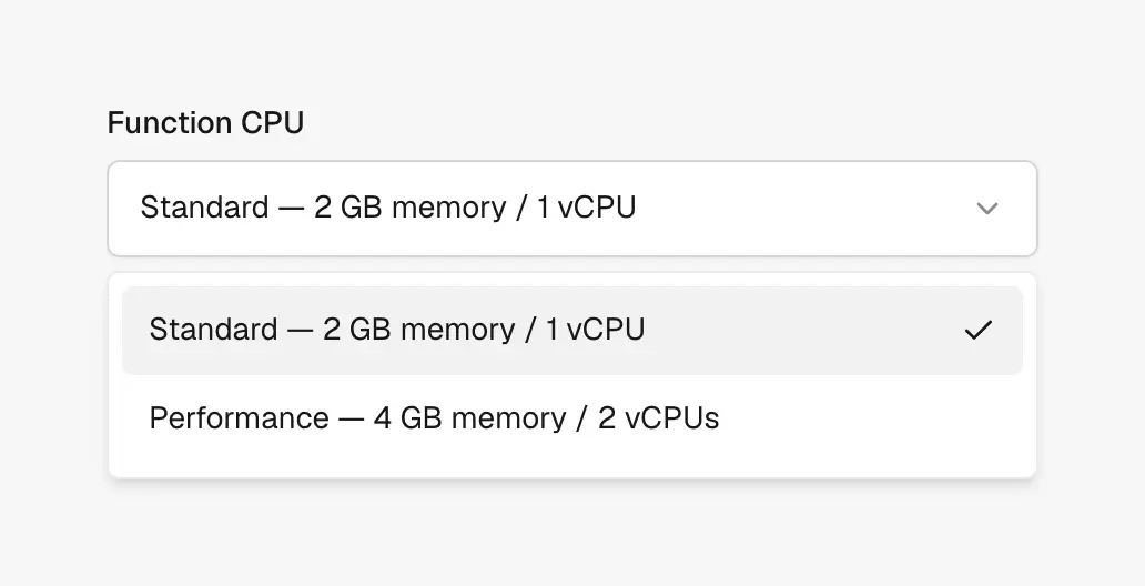 Function CPU selector open, showing Standard and Performance tiers