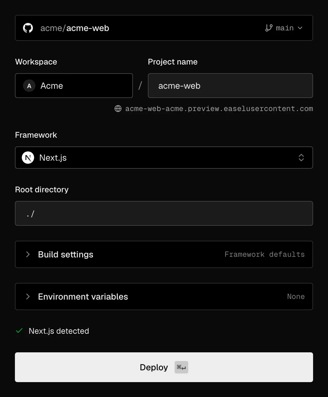 The Configure and deploy form for acme/acme-web on the main branch: workspace Acme, project name acme-web, framework Next.js, root directory ./, collapsed Build settings and Environment variables sections, and the Deploy button