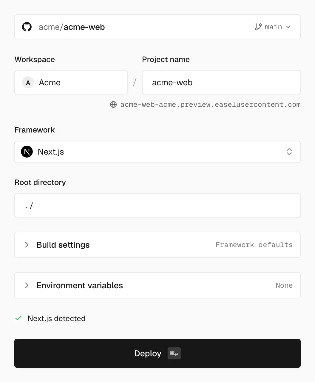 The Configure and deploy form for acme/acme-web on the main branch: workspace Acme, project name acme-web, framework Next.js, root directory ./, collapsed Build settings and Environment variables sections, and the Deploy button