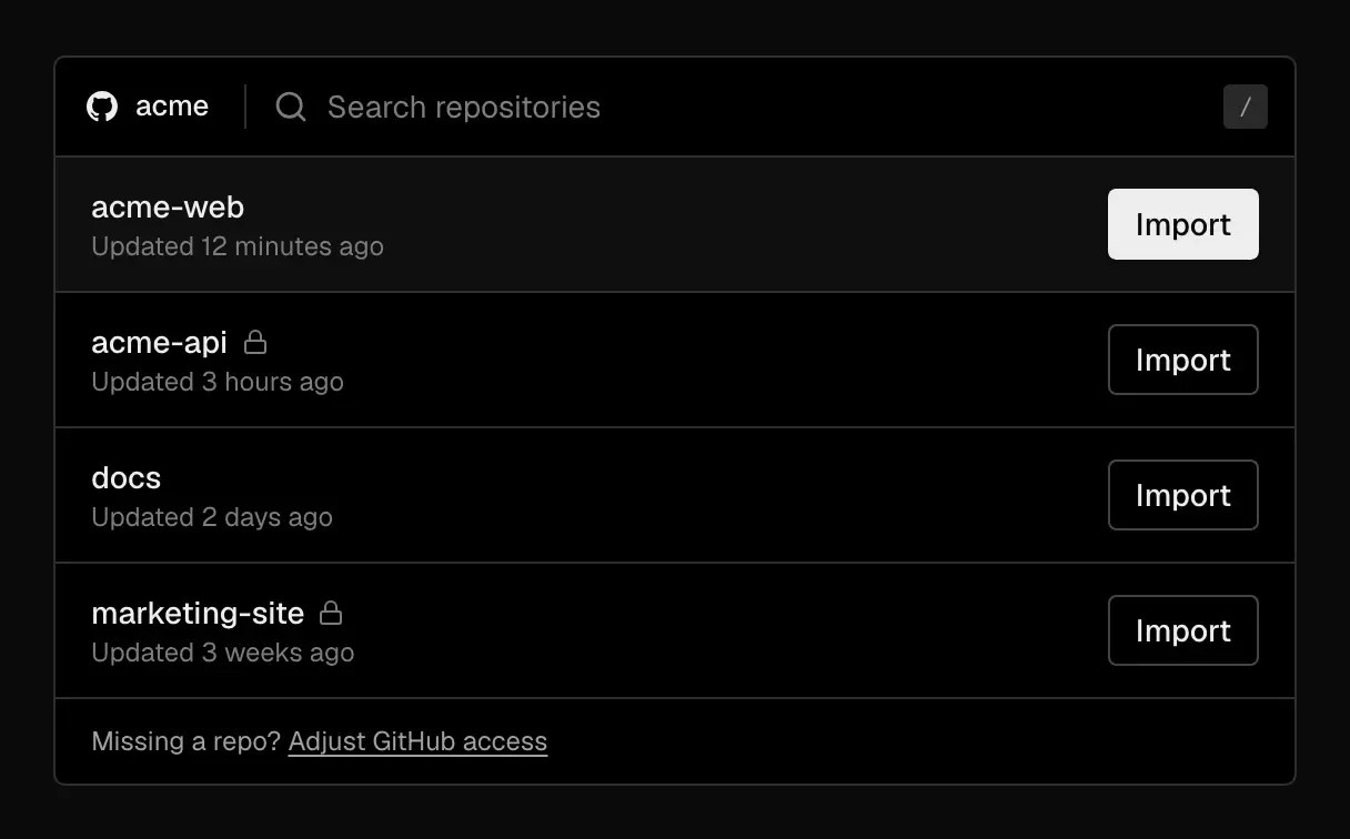 The repository list for the acme GitHub account, with a search field, four repositories each with an Import button, and a link to adjust GitHub access