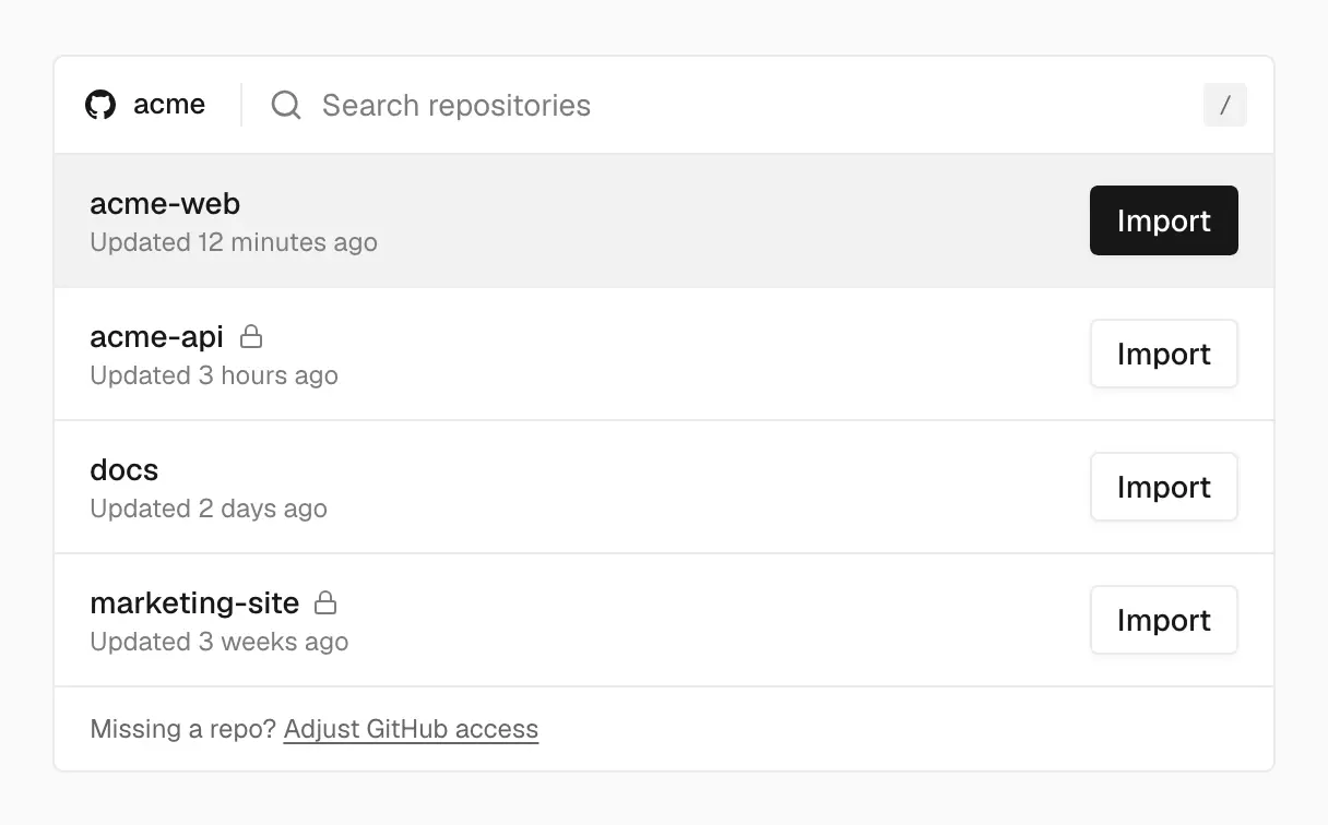 The repository list for the acme GitHub account, with a search field, four repositories each with an Import button, and a link to adjust GitHub access