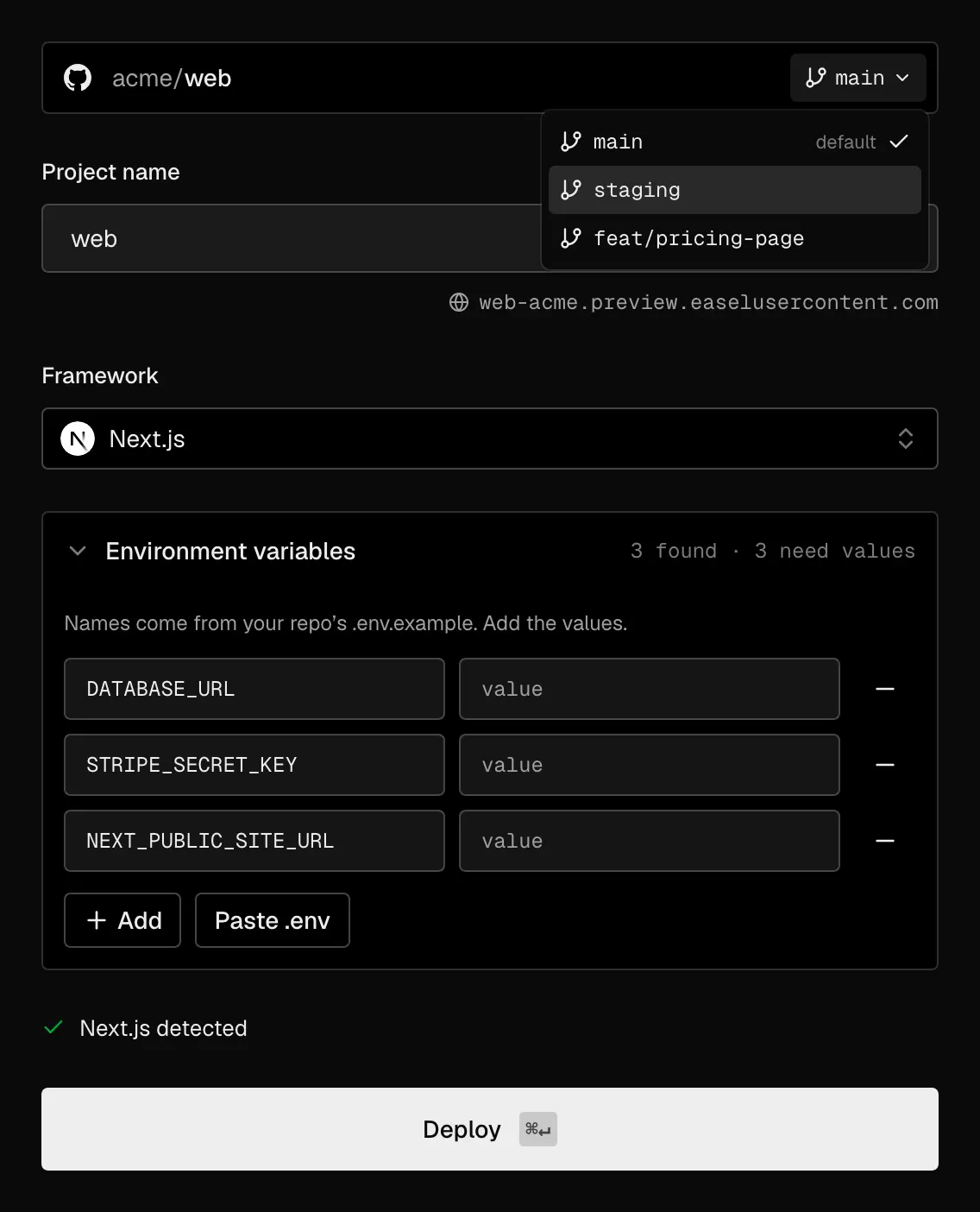 The Configure step for acme/web with the branch menu open showing main (default), staging, and feat/pricing-page, project name web, framework Next.js, and an expanded Environment variables section listing DATABASE_URL, STRIPE_SECRET_KEY, and NEXT_PUBLIC_SITE_URL from .env.example waiting for values, above the Deploy button