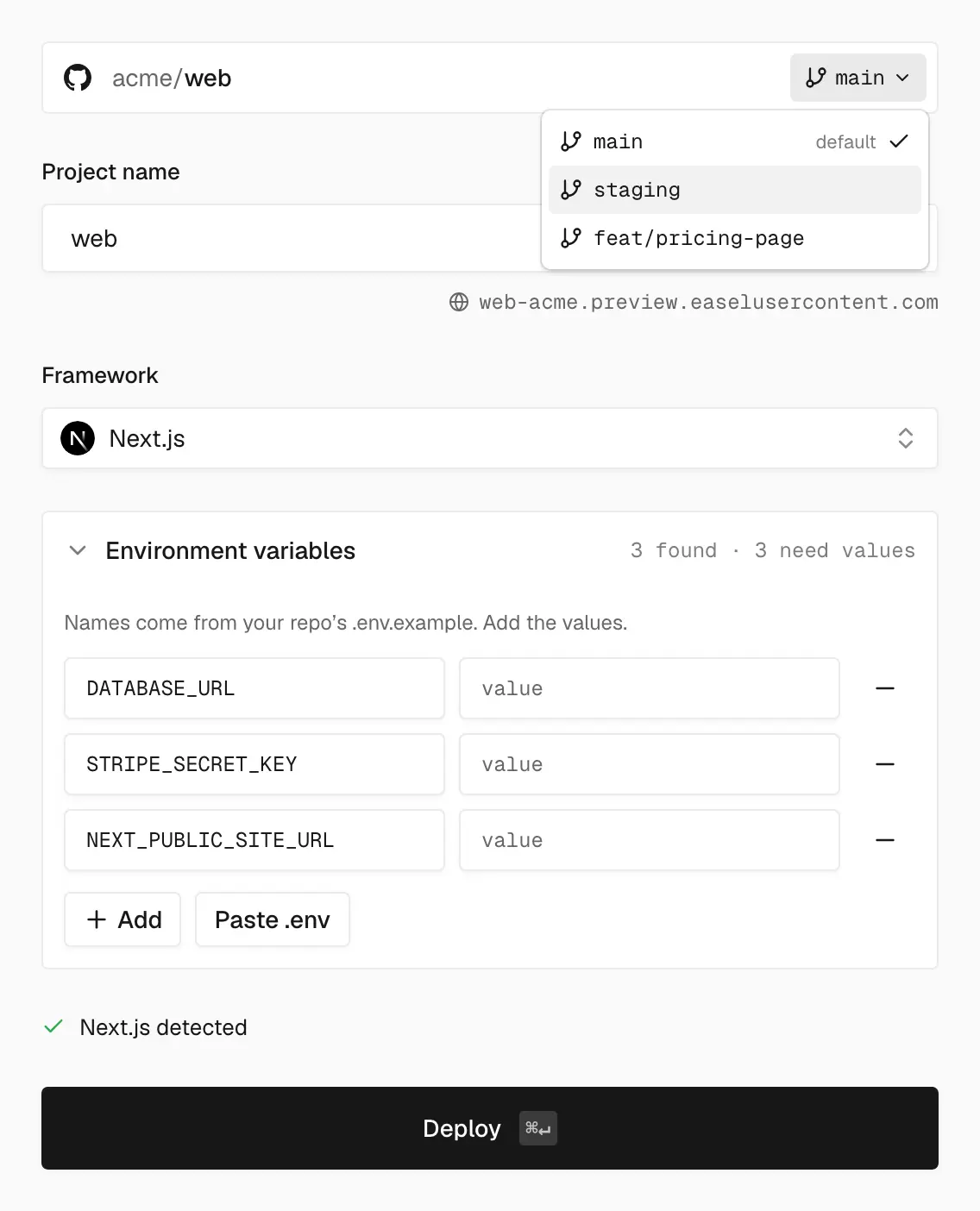 The Configure step for acme/web with the branch menu open showing main (default), staging, and feat/pricing-page, project name web, framework Next.js, and an expanded Environment variables section listing DATABASE_URL, STRIPE_SECRET_KEY, and NEXT_PUBLIC_SITE_URL from .env.example waiting for values, above the Deploy button