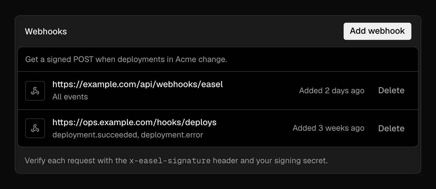 The Webhooks card in workspace settings with an Add webhook button and two webhooks, one for all events and one for deployment.succeeded and deployment.error, each with a Delete button