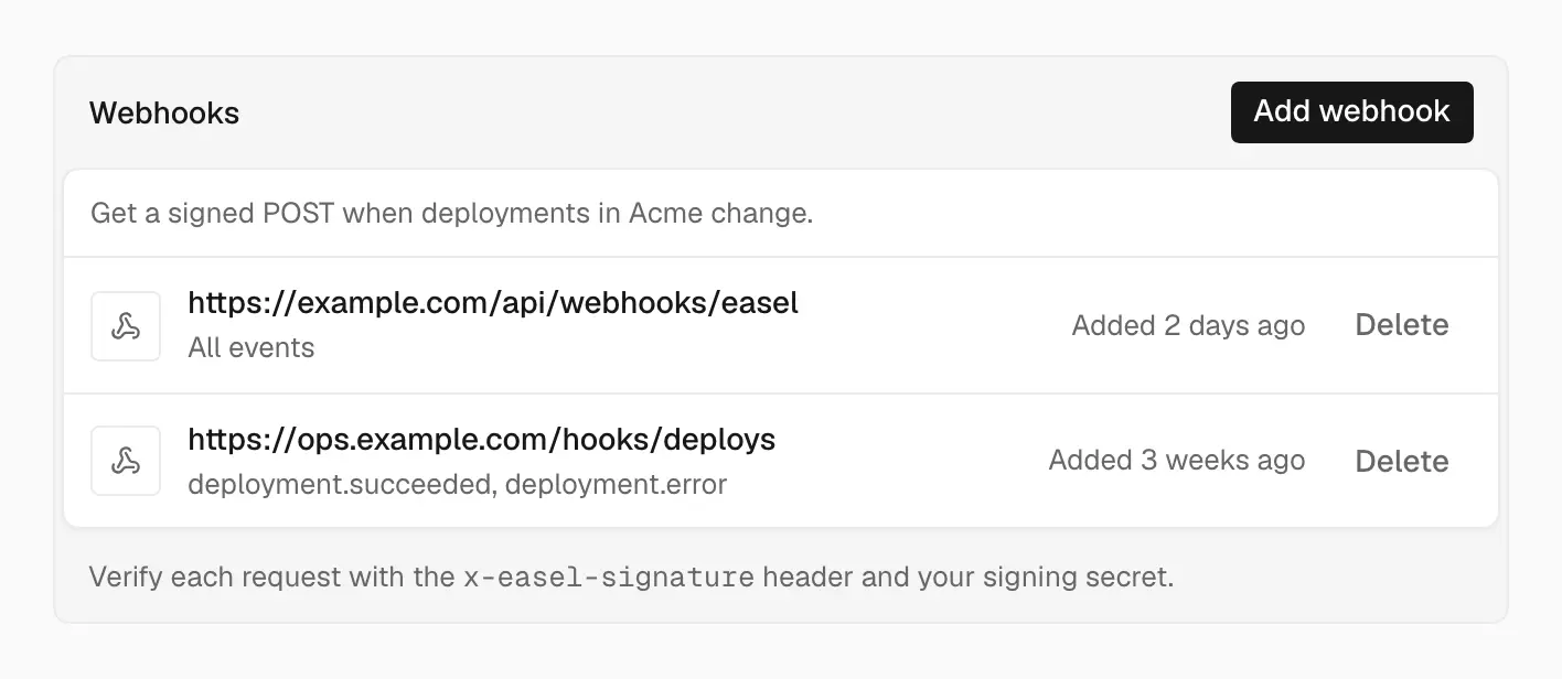 The Webhooks card in workspace settings with an Add webhook button and two webhooks, one for all events and one for deployment.succeeded and deployment.error, each with a Delete button